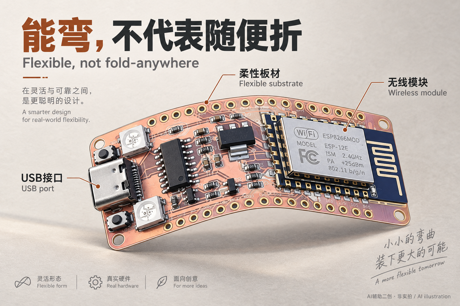 Illustrated flexible board preserving its USB connector and wireless module
