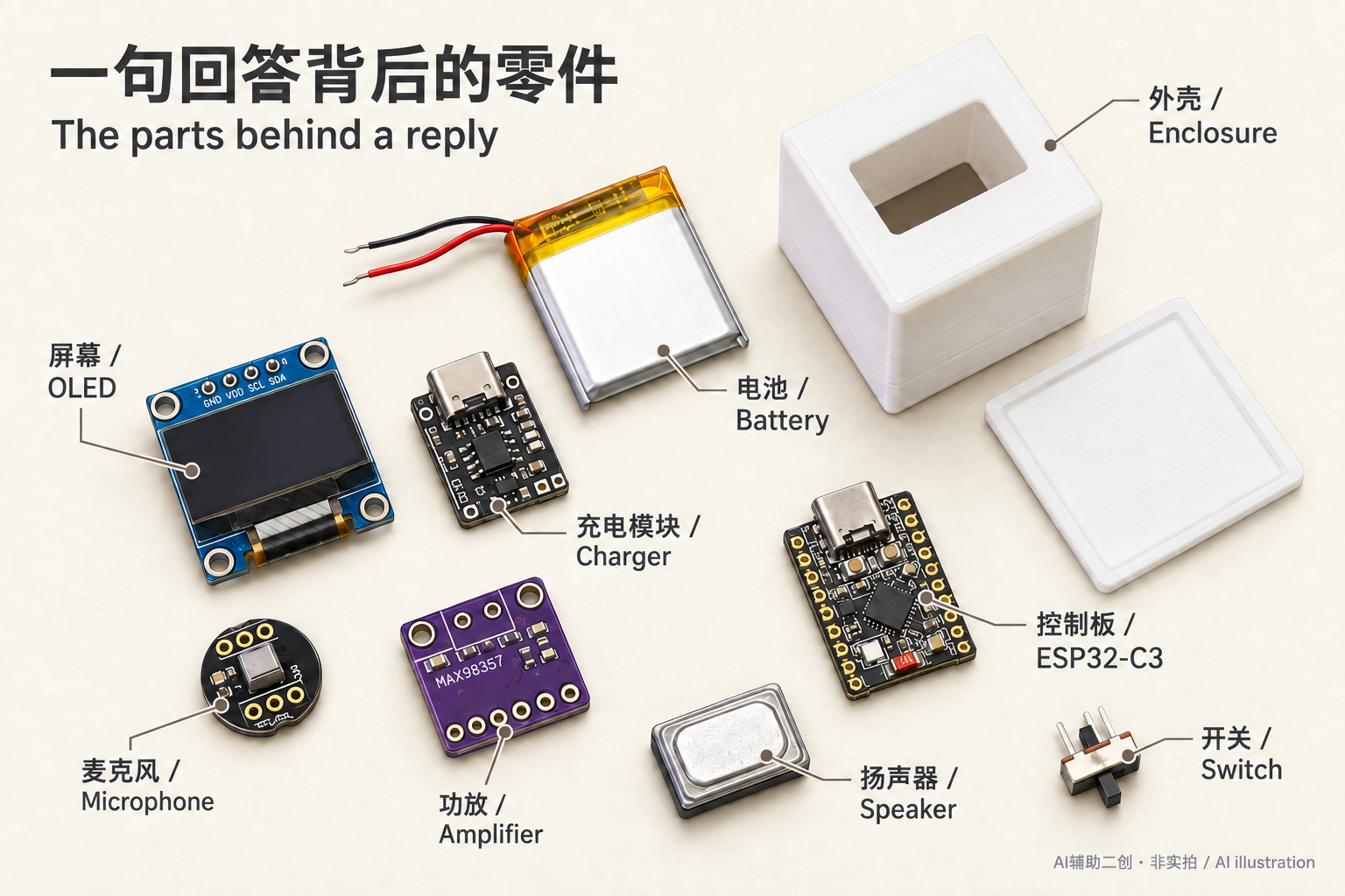 An illustrated parts layout for the small voice chatbot