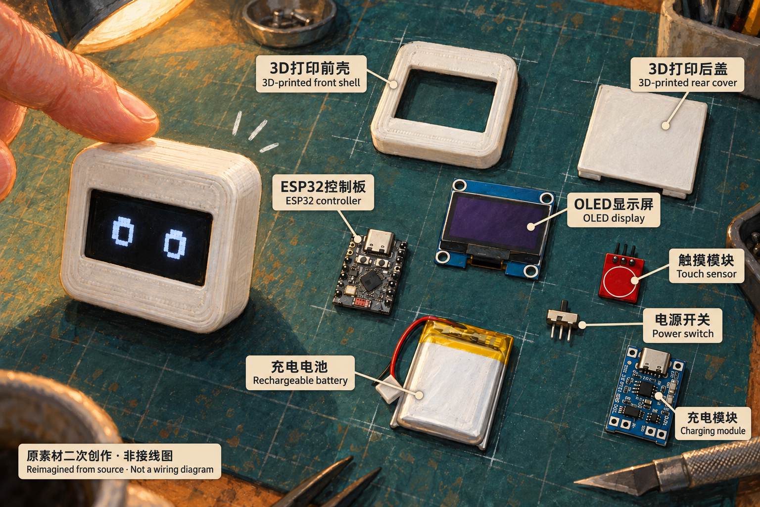 A desktop companion and its labeled components, reimagined from the original parts photo